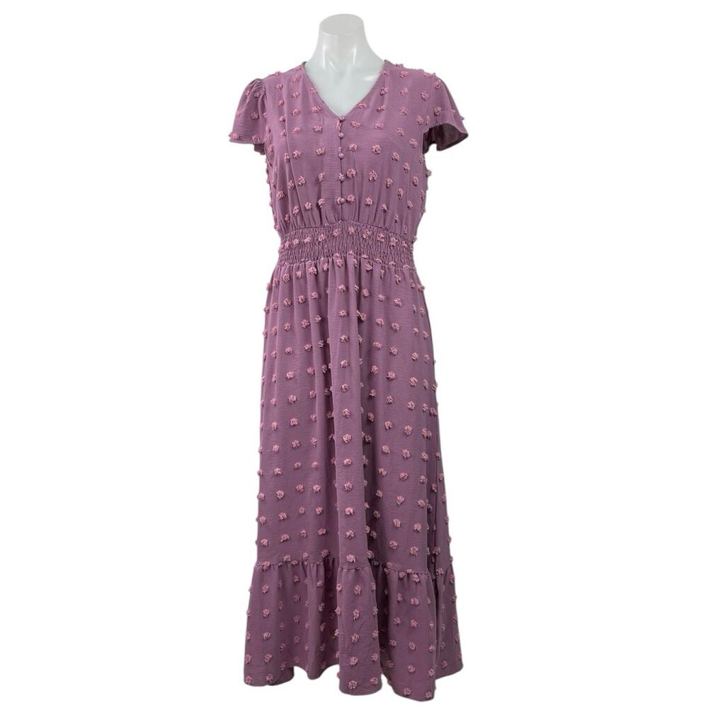 Fashion Women's Purple Short Flutter Sleeve V Neck Swiss Dot Maxi Dress Size M